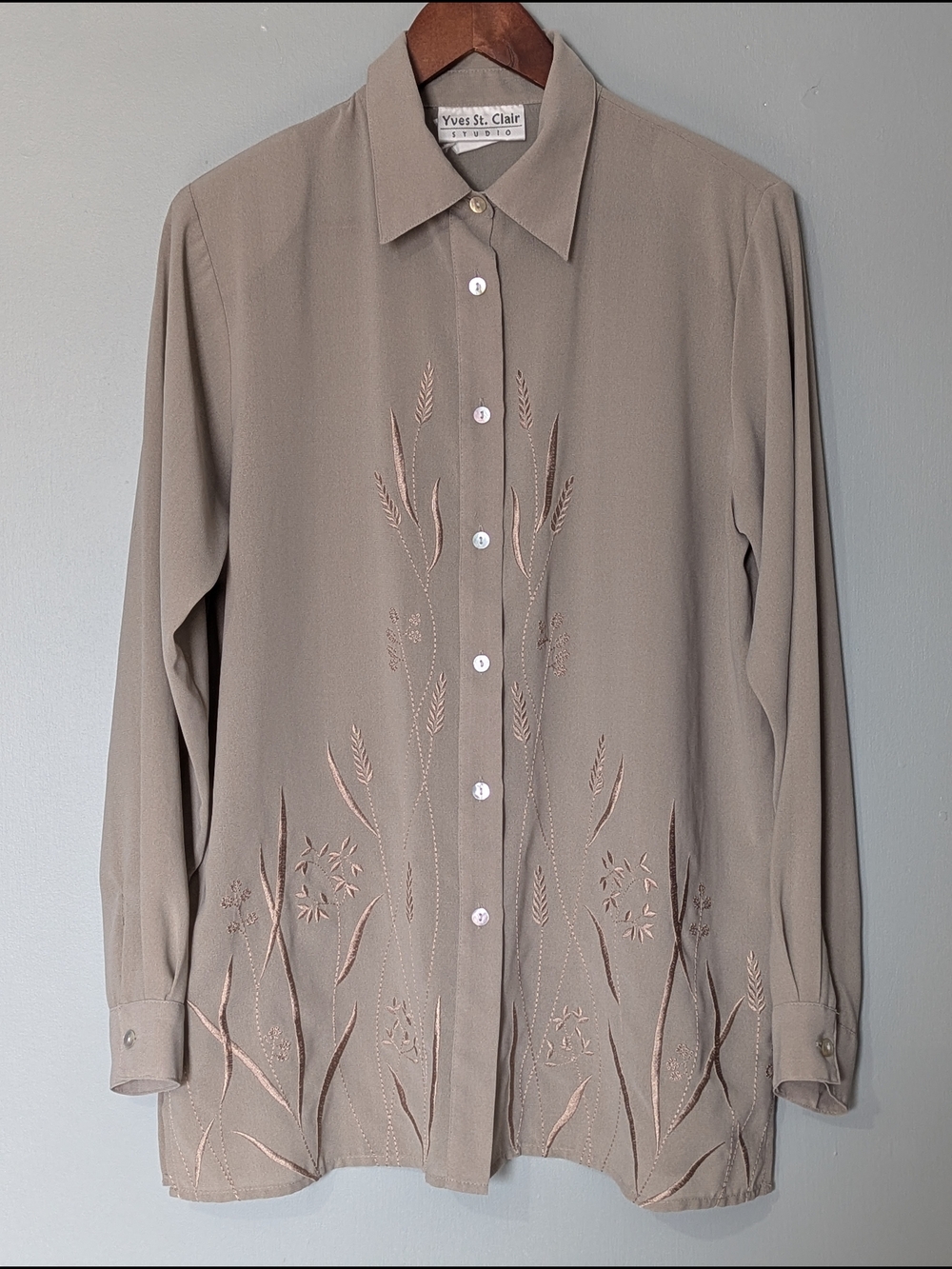 Vintage Yves St. Clair Studio Taupe Button-Front Embroidered Blouse